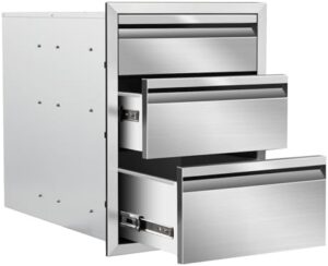 Elevate your outdoor kitchen experience with stainless steel drawers featuring hidden handles and triple drawer design. Perfect for patio grill stations, 16" W x 21" H x 23" D.