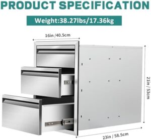 Elevate your outdoor kitchen experience with stainless steel drawers featuring hidden handles and triple drawer design. Perfect for patio grill stations, 16" W x 21" H x 23" D.
