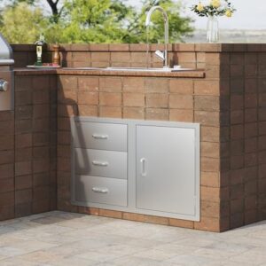Discover the VEVOR BBQ Island Drawers, a triple-compartment combo with stainless steel handles, perfect for outdoor kitchen patio grill stations. Enhance your grilling experience with this durable drawer cabinet.