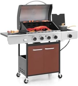 Here is the optimized meta description:

"Upgrade your outdoor kitchen with this Captiva Designs 4-Burner Propane Gas BBQ Grill featuring a side burner and porcelain-enamelled cast iron grates. Perfect for patio backyard barbecues, with 42,000 BTU output."