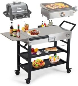 Here is the optimized meta description:

"Compact and portable outdoor grill cart with foldable design, 2-layer storage rack, and wheels. Perfect for Blackstone Griddle, Ninja Woodfire Grill, or Pizza Oven use."