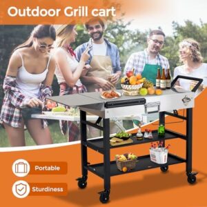Here is the optimized meta description:

"Compact and portable outdoor grill cart with foldable design, 2-layer storage rack, and wheels. Perfect for Blackstone Griddle, Ninja Woodfire Grill, or Pizza Oven use."