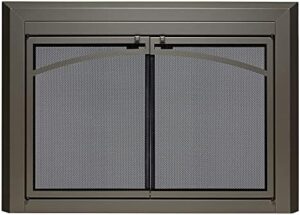 Enhance your home decor with UniFlame's Gerri cabinet-style fireplace doors featuring smoke tempered glass and a gunmetal finish, perfect for openings 30in to 37in wide.