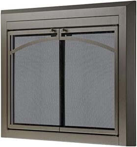 Enhance your home decor with UniFlame's Gerri cabinet-style fireplace doors featuring smoke tempered glass and a gunmetal finish, perfect for openings 30in to 37in wide.