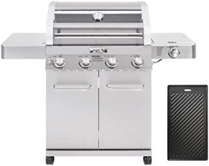 Here is the meta description:

"Upgrade your outdoor cooking experience with Monument Grills' Larger Convertible 4-Burner Natural Gas Grill, featuring a stainless steel cabinet and cooking plate. Perfect for entertaining."