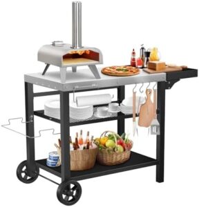 Elevate your outdoor grilling experience with this versatile Grill Cart featuring a pizza oven stand, three shelves, and drawer. Perfect for Ninja Woodfire Grill, Blackstone Griddle, or Tabletop Grill.
