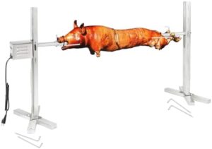 Here is the generated SEO meta description:

"Rotisserie grill kit for camping or backyard use, featuring a stainless steel tripod stand, 90LBS pig spit rotisserie, and charcoal spit with adjustable height. Perfect for cooking large meals!"