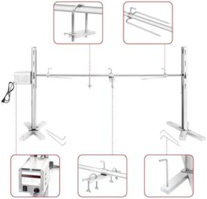Here is the generated SEO meta description:

"Rotisserie grill kit for camping or backyard use, featuring a stainless steel tripod stand, 90LBS pig spit rotisserie, and charcoal spit with adjustable height. Perfect for cooking large meals!"