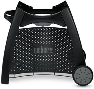 Here is the generated meta description:

"Upgrade your grilling experience with the Weber Q Cart, featuring a sturdy black design and ample storage space for your outdoor cooking essentials. Enjoy convenient portability and durability."