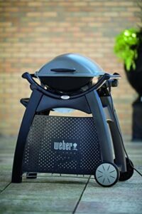 Here is the generated meta description:

"Upgrade your grilling experience with the Weber Q Cart, featuring a sturdy black design and ample storage space for your outdoor cooking essentials. Enjoy convenient portability and durability."