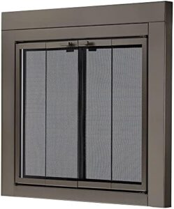 Unlock a warm and cozy ambiance with UniFlame's Roman-style fireplace doors, featuring smoke-tinted glass in oil-rubbed bronze, perfect for openings 30-37" wide x 22.5-29.5" high.