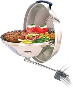 Here is the generated meta description:

"Upgrade your outdoor cooking experience with Magma's Marine Kettle, featuring a charcoal grill with hinged lid. Perfect for camping or backyard gatherings, this portable kettle offers convenient grilling and boiling."