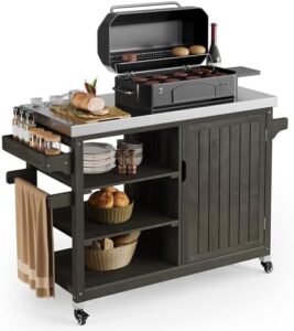 Here is the optimized meta description:

"Upgrade your outdoor kitchen with YITAHOME's XL grill cart storage cabinet featuring stainless steel table top and spice rack. Lockable wheels and brown finish perfect for patio bars, dimensions 53.74x20.27 inches."