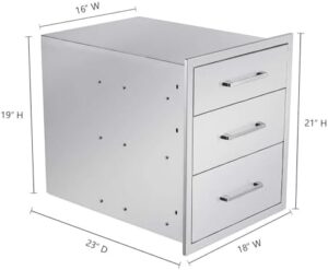 Here is the generated SEO meta description:

"Elevate your outdoor cooking experience with this stainless steel 3-drawer BBQ island built-in drawer, perfect for weatherproof storage and a seamless flush mount design."