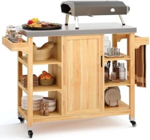 Here is the optimized meta description:

"Elevate outdoor entertaining with YITAHOME's Solid Wood Kitchen Island. Features stainless steel table top, spice rack, and storage cabinet on wheels for a movable grill station perfect for backyard gatherings."