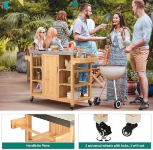 Here is the optimized meta description:

"Elevate outdoor entertaining with YITAHOME's Solid Wood Kitchen Island. Features stainless steel table top, spice rack, and storage cabinet on wheels for a movable grill station perfect for backyard gatherings."