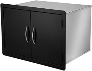 Optimize your outdoor kitchen with the Stanbroil Double Door Dry Storage Pantry, featuring a 30-inch access door and black steel cabinet storage for BBQ island, patio grill station, or garage.