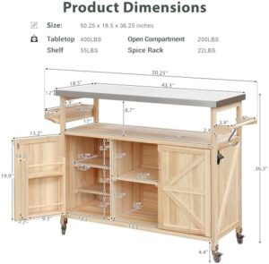 Transform your outdoor gatherings with the Merax 50" Outdoor Kitchen Grill Cart Island on Wheels, featuring a stainless steel top and solid wood frame storage cabinet for patio essentials.
