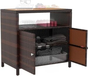 Discover the Outsunny Wicker Outdoor Storage Cabinet with Acacia Wood Countertop and 2 doors. Perfect for poolside, garden, patio or backyard storage, this brown cabinet features a shelf and buffet sideboard design.