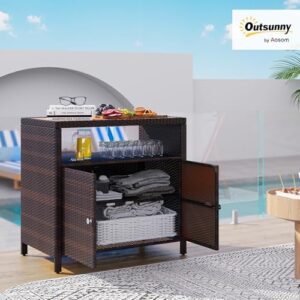 Discover the Outsunny Wicker Outdoor Storage Cabinet with Acacia Wood Countertop and 2 doors. Perfect for poolside, garden, patio or backyard storage, this brown cabinet features a shelf and buffet sideboard design.