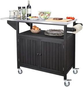 Here is the generated SEO meta description:

"Upgrade your outdoor kitchen with this XL Solid Wood Grill Table featuring a stainless steel top and wheels, perfect for cooking prep and BBQ. Store utensils and ingredients in the spacious cabinet."