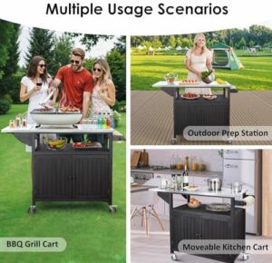 Here is the generated SEO meta description:

"Upgrade your outdoor kitchen with this XL Solid Wood Grill Table featuring a stainless steel top and wheels, perfect for cooking prep and BBQ. Store utensils and ingredients in the spacious cabinet."