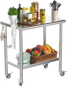 Enhance your kitchen's efficiency and durability with this Stainless Steel Table featuring 2 tiers, locking casters, and heavy-duty NSF metal construction, perfect for commercial kitchens, homes, or outdoor BBQs.