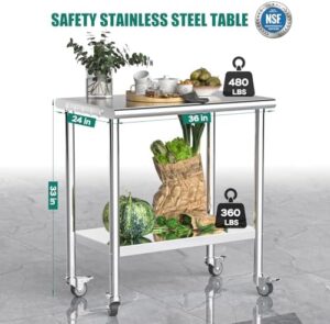 Enhance your kitchen's efficiency and durability with this Stainless Steel Table featuring 2 tiers, locking casters, and heavy-duty NSF metal construction, perfect for commercial kitchens, homes, or outdoor BBQs.