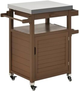 Perfect outdoor kitchen island prep table! YITAHOME's grill cart features a solid wood bar, stainless steel top, and storage cabinet for garden, lawn, patio, or backyard use. Perfectly sized with ample space for cooking and entertaining.