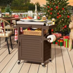 Perfect outdoor kitchen island prep table! YITAHOME's grill cart features a solid wood bar, stainless steel top, and storage cabinet for garden, lawn, patio, or backyard use. Perfectly sized with ample space for cooking and entertaining.