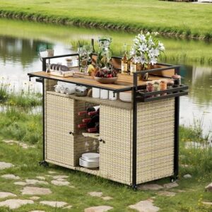 "Upgrade your outdoor gatherings with the PAKASEPT rattan buffet cabinet featuring storage, a spice rack, and double handle design perfect for family barbecues. Ideal for brown-themed outdoor spaces."