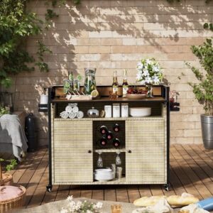 "Upgrade your outdoor gatherings with the PAKASEPT rattan buffet cabinet featuring storage, a spice rack, and double handle design perfect for family barbecues. Ideal for brown-themed outdoor spaces."