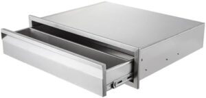 Enhance your outdoor kitchen with stainless steel drawers featuring a divider, perfect for storing utensils and BBQ essentials.