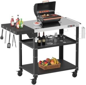 Perfect outdoor grill table for your backyard gatherings! Features 3 shelves, 4 swivel casters with brake and a foldable side table. Perfect for stainless steel pizza ovens and BBQ grilling needs.