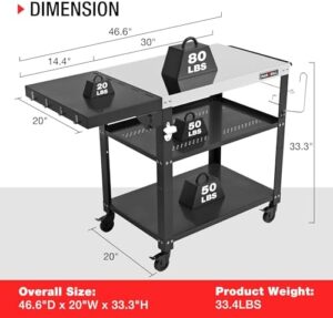 Perfect outdoor grill table for your backyard gatherings! Features 3 shelves, 4 swivel casters with brake and a foldable side table. Perfect for stainless steel pizza ovens and BBQ grilling needs.