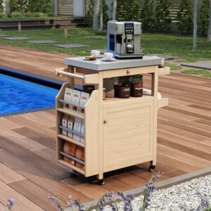 Here is the generated SEO meta description:

"Elevate your outdoor cooking experience with this stainless steel countertop island featuring solid wood cabinets and lockable wheels. Perfect for patio, garden, or coffee bar use."