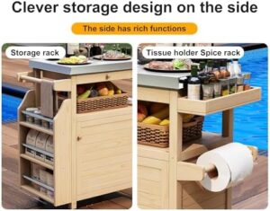 Here is the generated SEO meta description:

"Elevate your outdoor cooking experience with this stainless steel countertop island featuring solid wood cabinets and lockable wheels. Perfect for patio, garden, or coffee bar use."