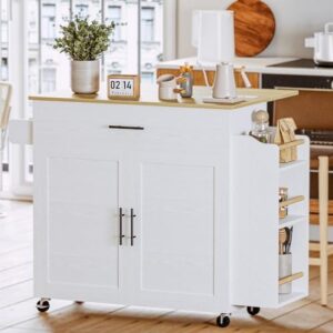 Discover the IRONCK Kitchen Island with Storage: rolling wheels, drop leaf, 3 open spice racks, door cabinet, and drawer. Perfect for kitchen organization!