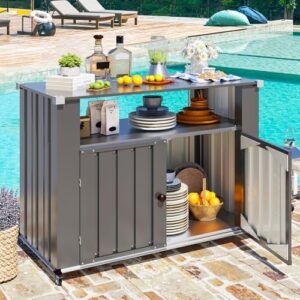 "Unlock outdoor entertaining with AECOJOY's weatherproof grill table featuring storage cabinet, perfect for patio kitchens. Store utensils and condiments while keeping surfaces organized."