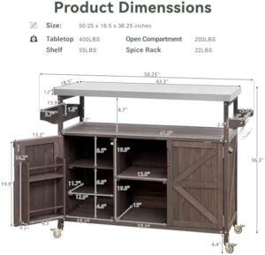 Here is the generated SEO meta description:

"Upgrade your outdoor cooking experience with this farmhouse grill table featuring internal storage and a stainless steel top. Includes a rolling bar cart & storage cabinet with spice & towel rack, perfect for entertaining."