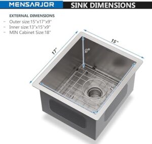 Here is the meta description:

"Elevate your kitchen with this MENSARJOR undermount bar sink, made from 16 gauge stainless steel and featuring a compact 15x17 inch design perfect for small spaces or outdoor use."