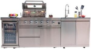 Here is the generated SEO meta description:

"Upgrade your outdoor kitchen with this 105" island featuring a grill, sink, and beverage fridge. Perfect for large gatherings, with stainless steel construction and granite countertops."