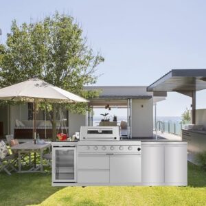 Here is the generated SEO meta description:

"Upgrade your outdoor kitchen with this 105" island featuring a grill, sink, and beverage fridge. Perfect for large gatherings, with stainless steel construction and granite countertops."