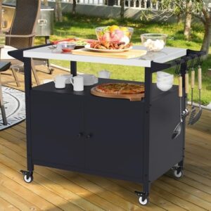 Elevate your outdoor cooking experience with the Blackstone grill cart, featuring storage and utensil hooks. Perfect for BBQs and gatherings, this stainless steel cart measures 42.5x26.25x33 inches.