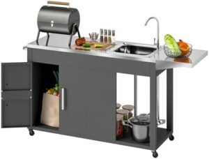 Experience the ultimate outdoor cooking experience with Outsunny's grill table featuring a stainless steel sink and drainage system. Includes foldable side table and cabinet with wheels, perfect for outdoor gatherings.
