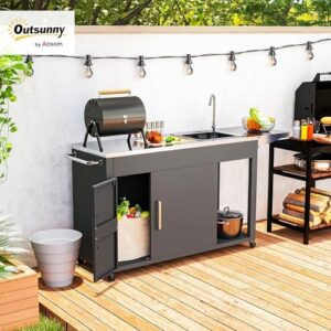 Experience the ultimate outdoor cooking experience with Outsunny's grill table featuring a stainless steel sink and drainage system. Includes foldable side table and cabinet with wheels, perfect for outdoor gatherings.