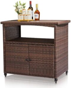 Elevate your outdoor gatherings with the VINGLI Wicker Outdoor Bar Cart featuring storage & rolling wheels. Perfect for patios, pools, and BBQs, this versatile cart offers ample shelf space for serving essentials.
