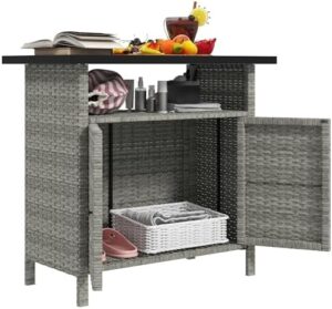 Here is the optimized meta description:

"Stylish outdoor storage cabinet with 2 doors and shelf, perfect for poolside, patio or backyard. Metal slatted countertop adds a modern touch."