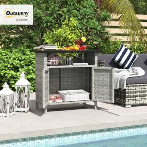 Here is the optimized meta description:

"Stylish outdoor storage cabinet with 2 doors and shelf, perfect for poolside, patio or backyard. Metal slatted countertop adds a modern touch."