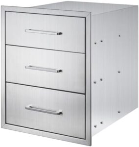 Here is the optimized meta description:

"Elevate your outdoor kitchen with these stainless steel drawers featuring flush mount access and three compartments. Perfect for organizing utensils and ingredients."